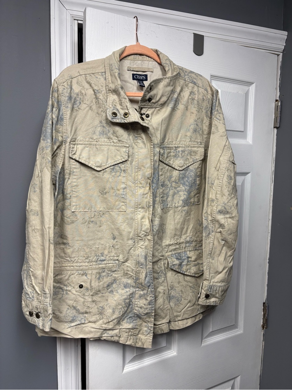 Chaps Women's Beige Utility Jacket with Subtle Gray Wash